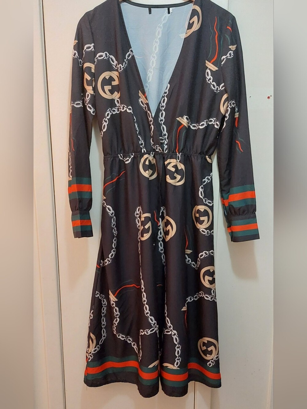 NEW Black Printed Dress With Green-Red Stripes On Hem And Sleeves